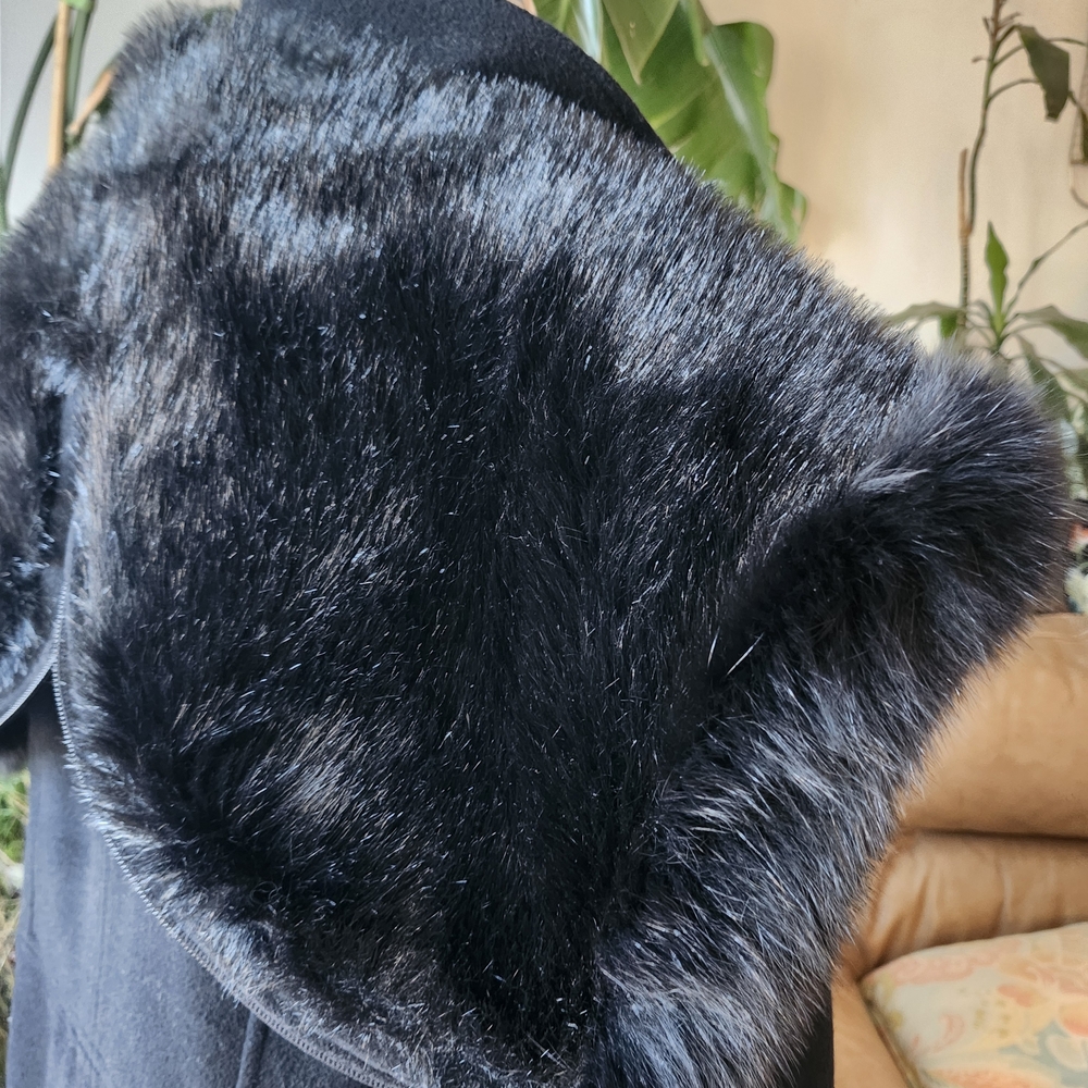 SAGA 80s 90s VINTAGE Elegant Black Fox Fur-Trimmed Women's Coat Cashmere WOOL Lg - Picture 12 of 16